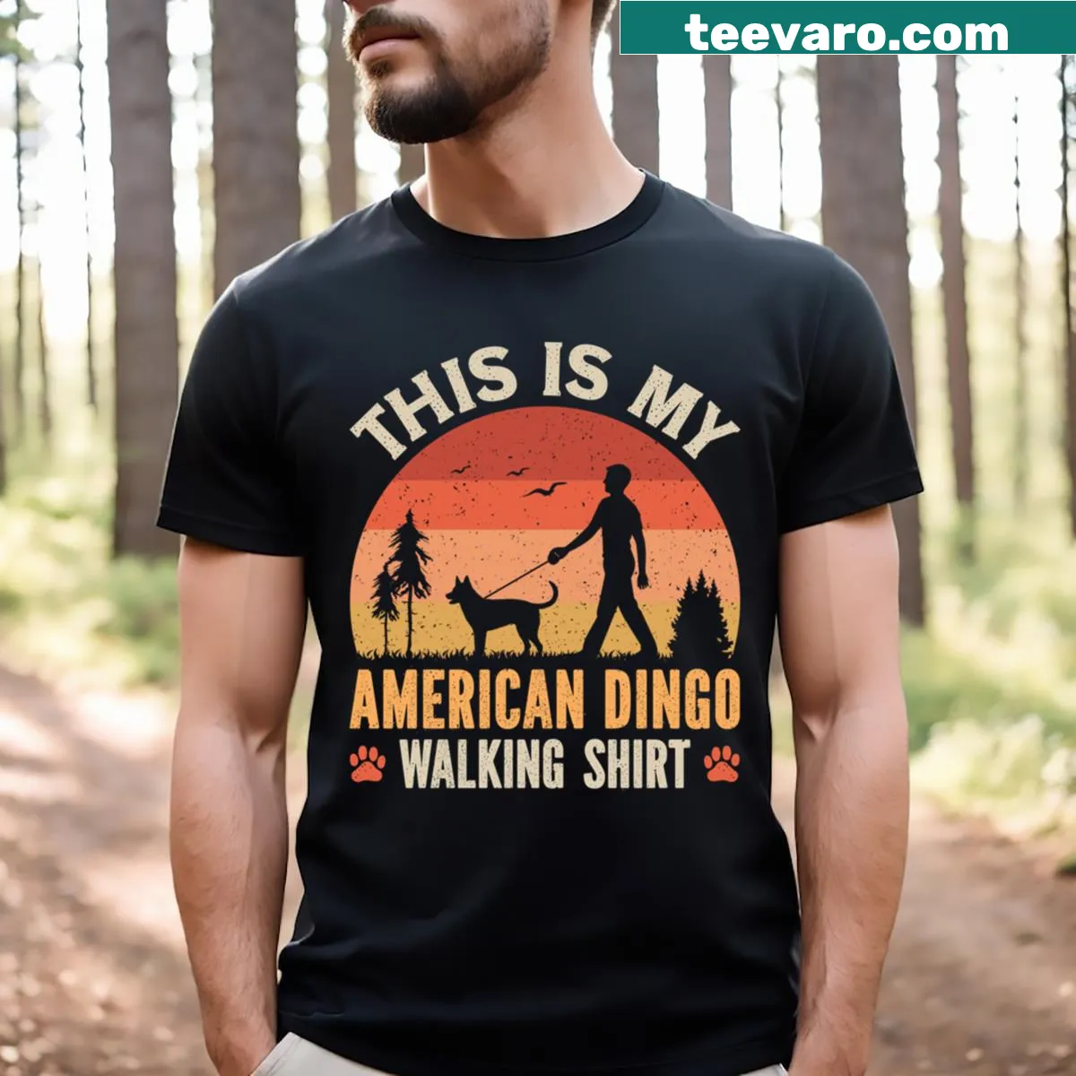 Silhouette T-shirt of a dad walking an American Dingo at sunset — on a men's t-shirt