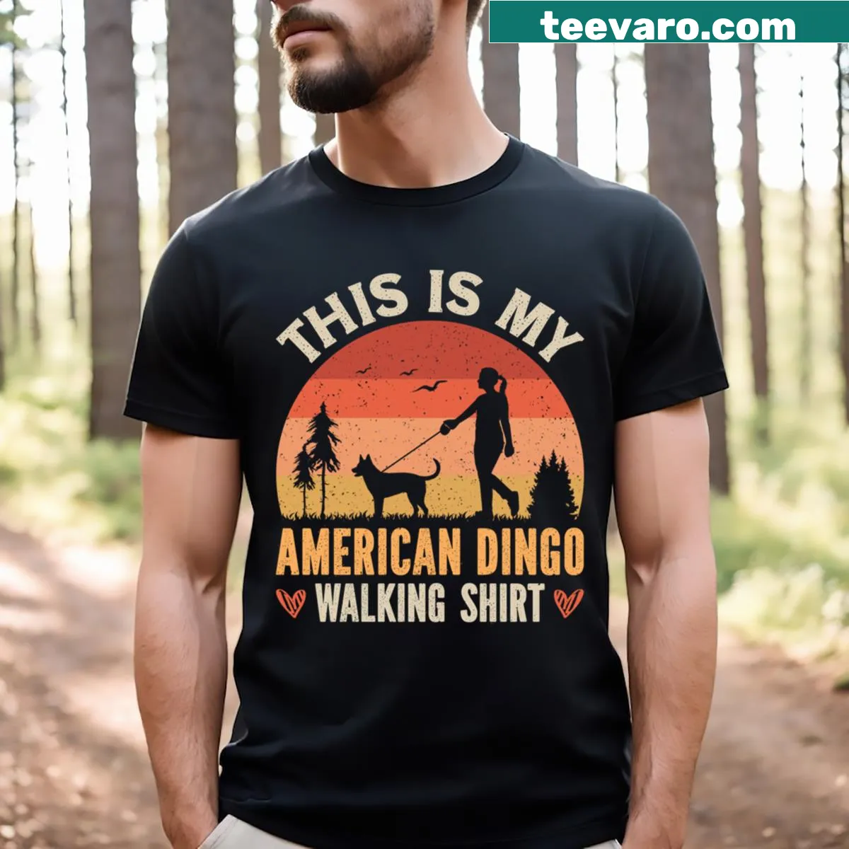 Silhouette T-shirt of a mom walking an American Dingo at sunset — on a men's t-shirt