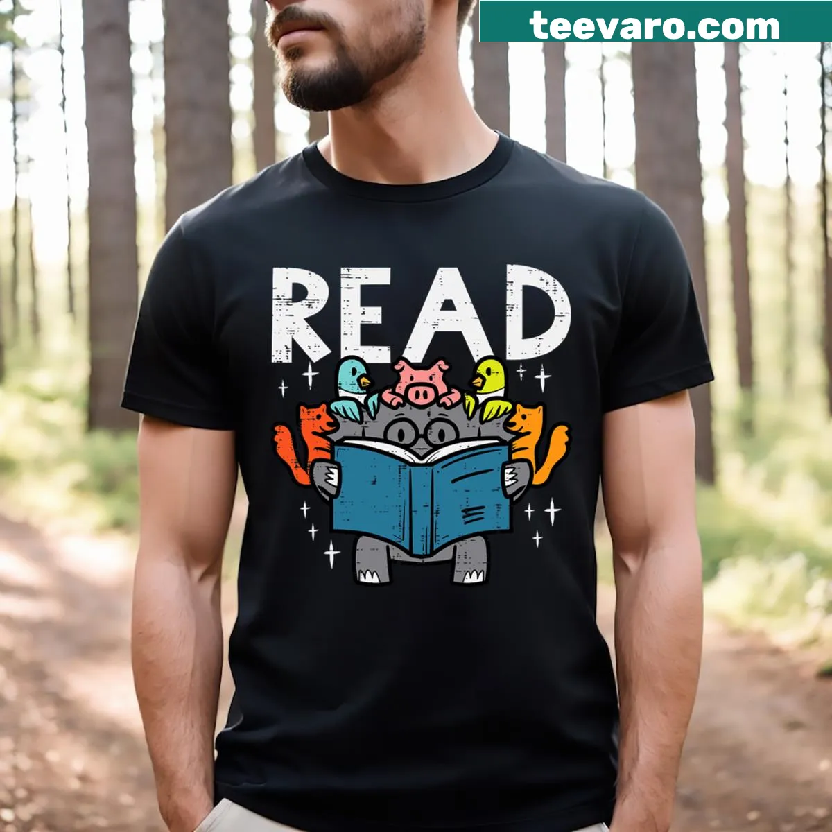 Kids t-shirt with illustrated animals reading books. — on a men's t-shirt
