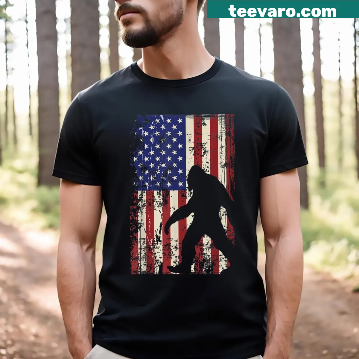 Bigfoot illustration with American flag for 4th of July T-shirt. — on a men's t-shirt