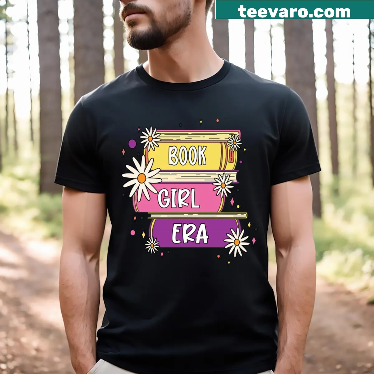 Illustrated t-shirt for book lovers featuring stickers and bookish designs — on a men's t-shirt
