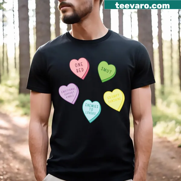 Cute book lover T-shirt with candy heart tropes design