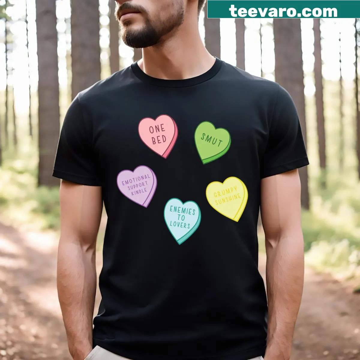 Cute book lover T-shirt with candy heart tropes design — on a men's t-shirt