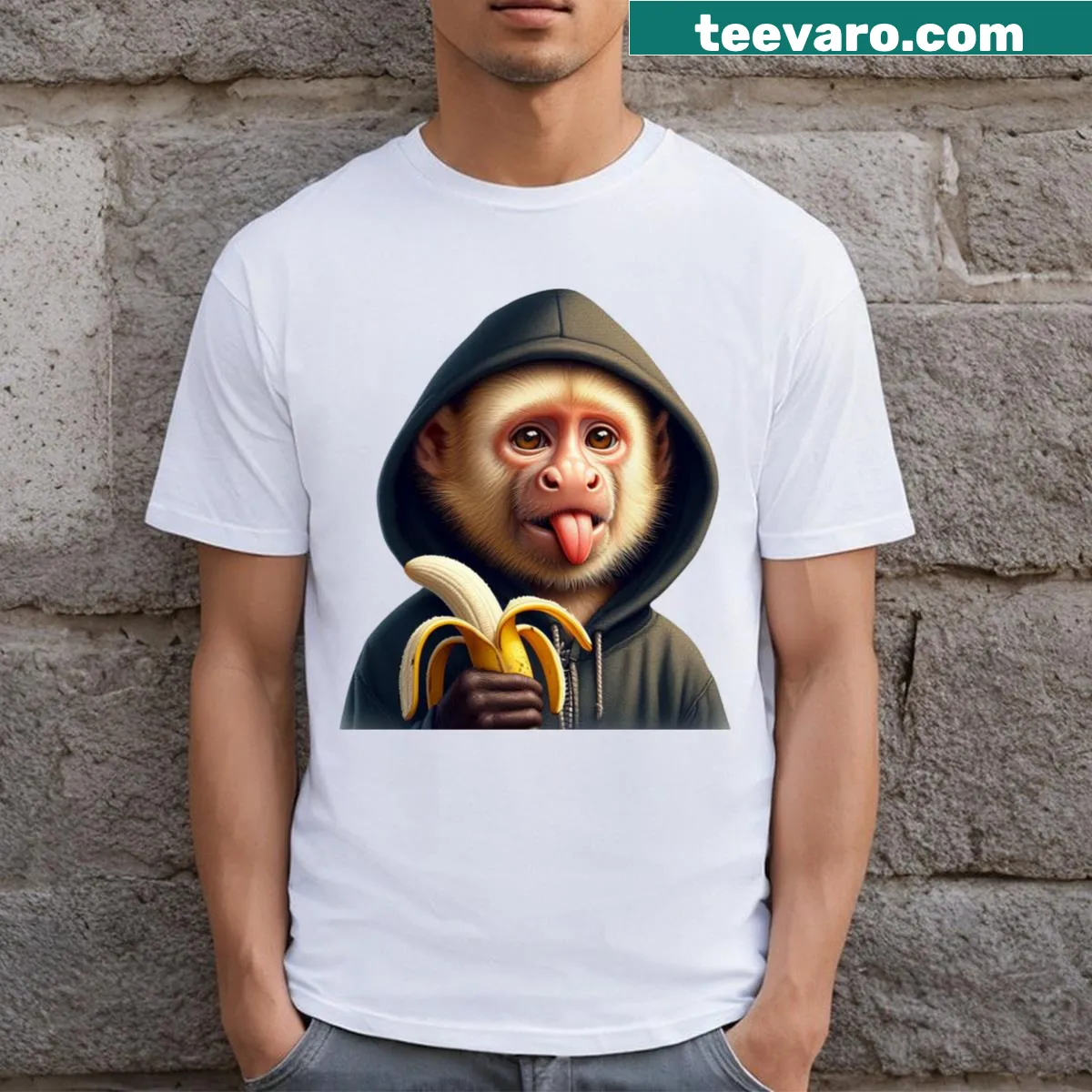 Playful T-shirt featuring a capuchin monkey sticking out its tongue — on a men's t-shirt