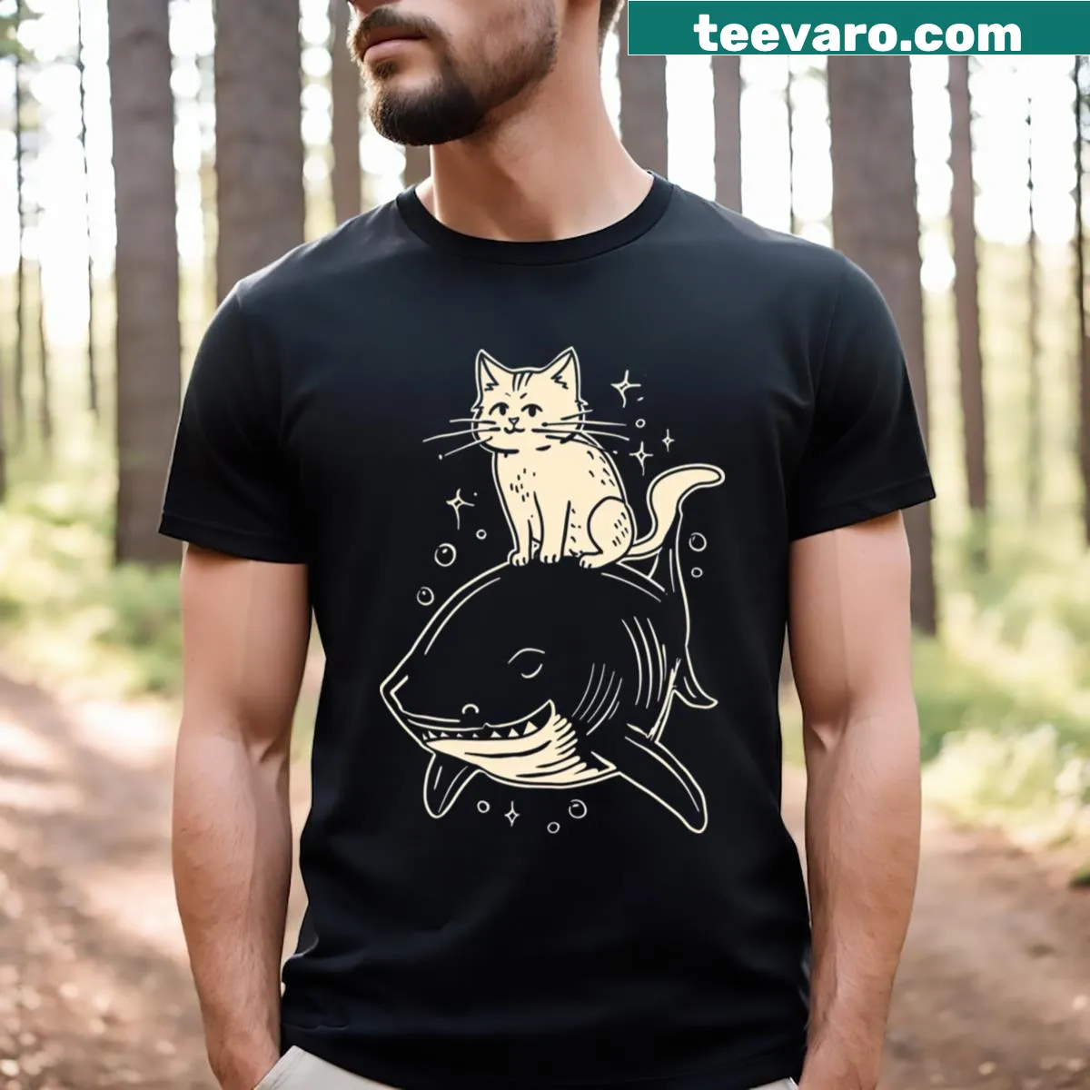 Illustration of a cat riding a shark on a t-shirt — on a men's t-shirt