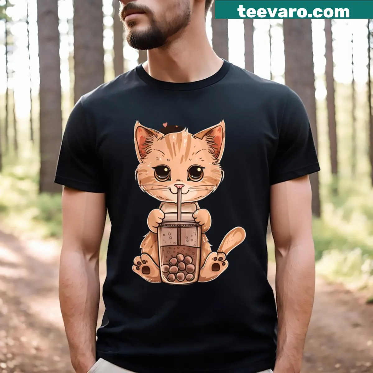 T-shirt featuring a whimsical cat enjoying bubble tea — on a men's t-shirt