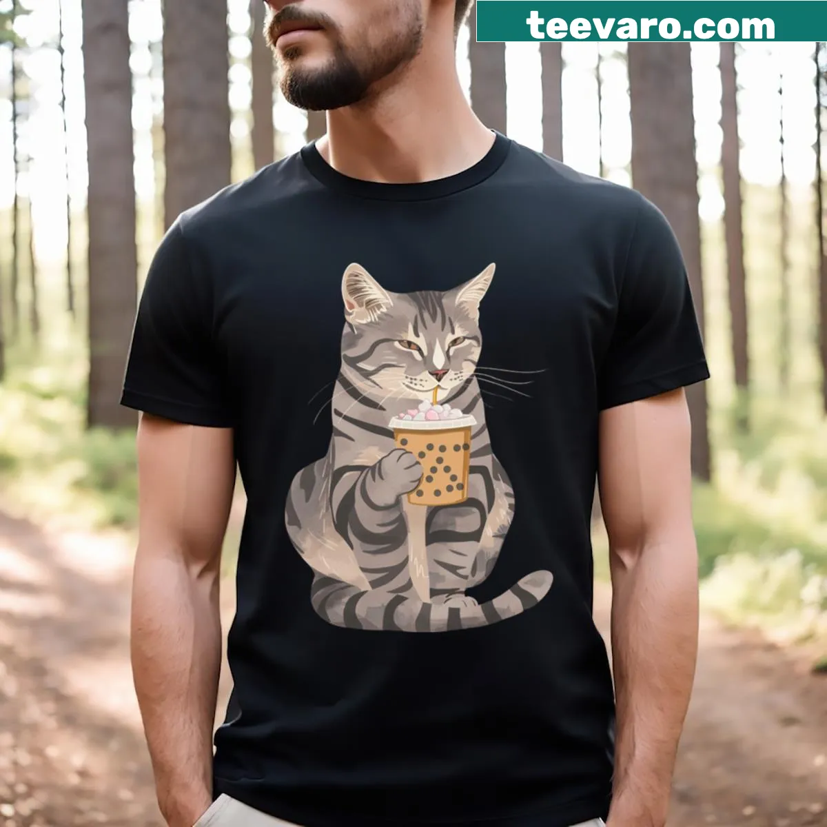 Illustration of a cat drinking boba tea with oversized pearls. — on a men's t-shirt