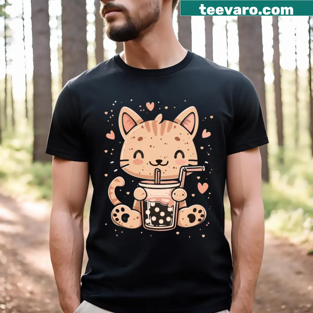 Cute cat enjoying boba tea on T-shirt — on a men's t-shirt