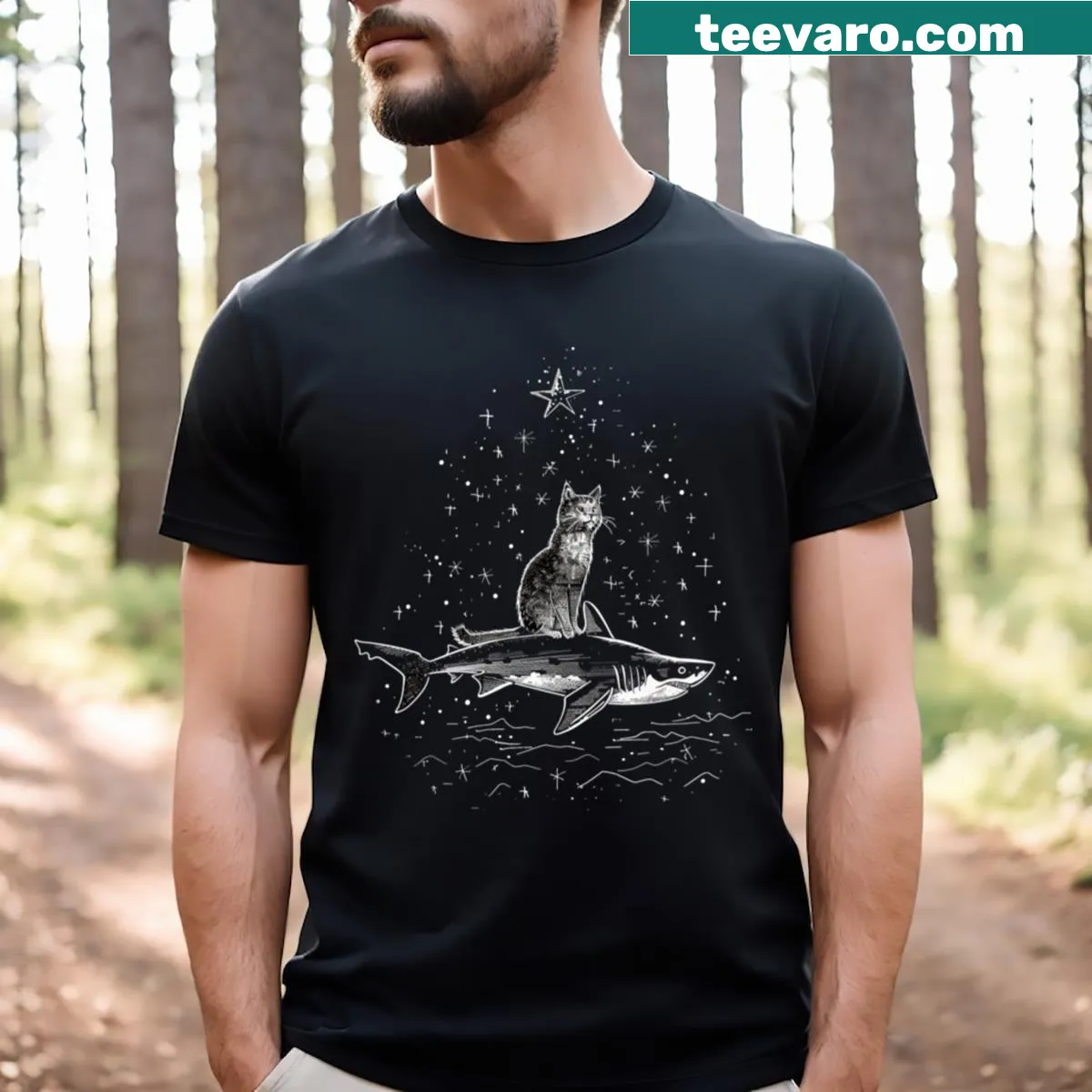 Cat with fins on a safari adventure graphic on T-shirt — on a men's t-shirt