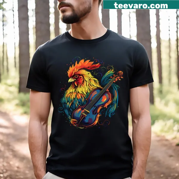 Cartoon chicken playing violin on T-shirt