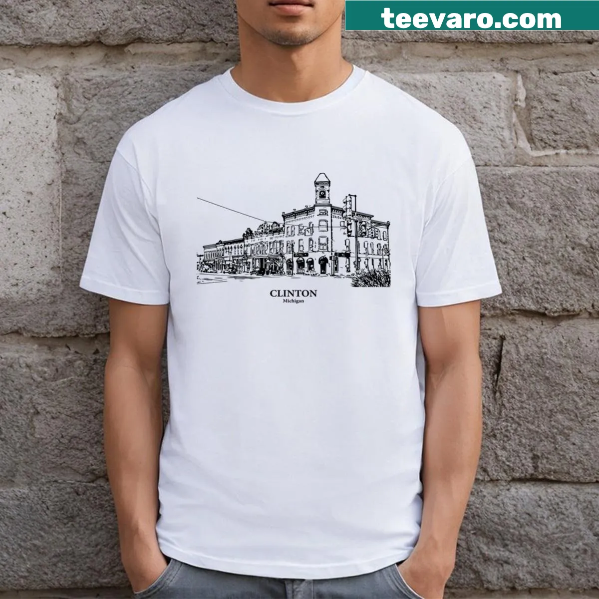 Typographic design of Clinton, Michigan on a T-shirt — on a men's t-shirt