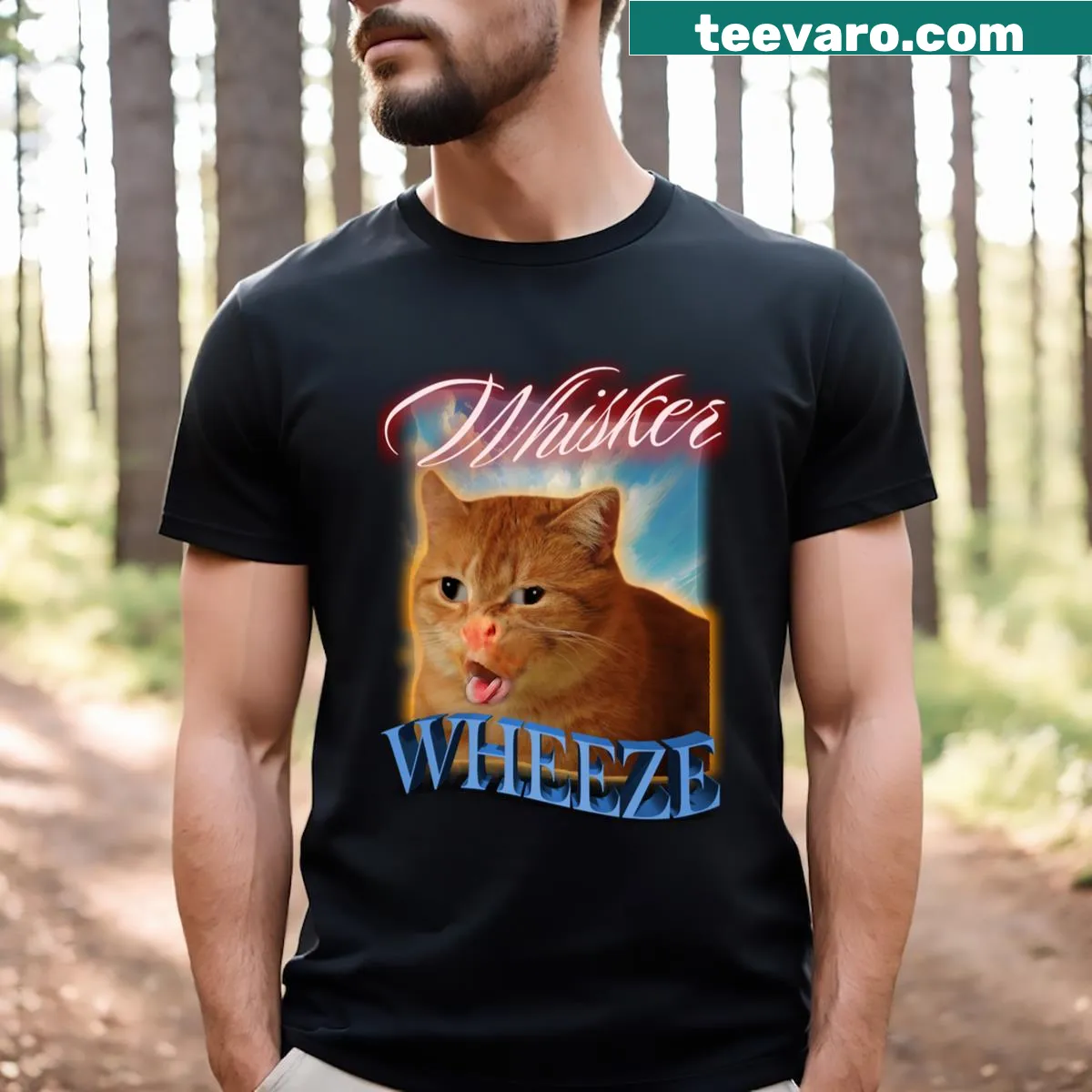 T-shirt featuring a humorous coughing cat meme graphic — on a men's t-shirt