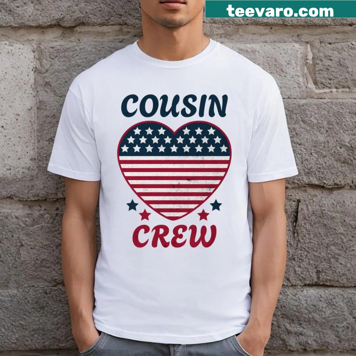Funny Cousin Crew family graphic t-shirt — on a men's t-shirt