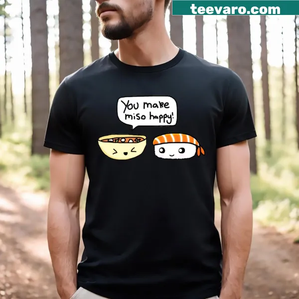 Cute 'Miso Happy' graphic T-shirt featuring a joyful character
