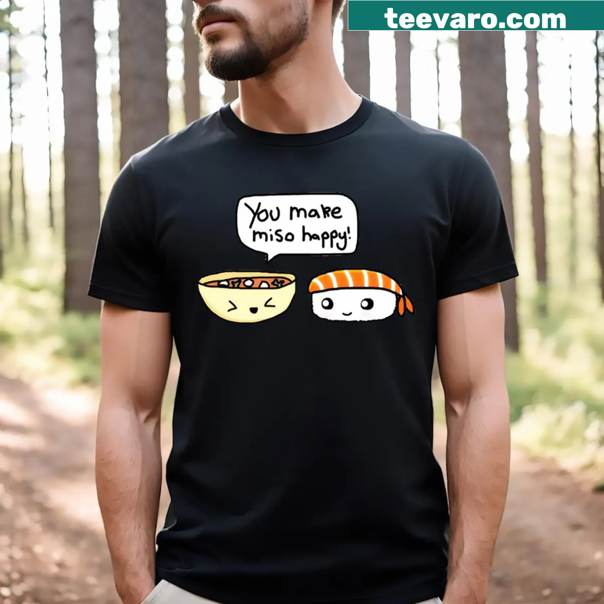 Cute 'Miso Happy' graphic T-shirt featuring a joyful character — on a men's t-shirt