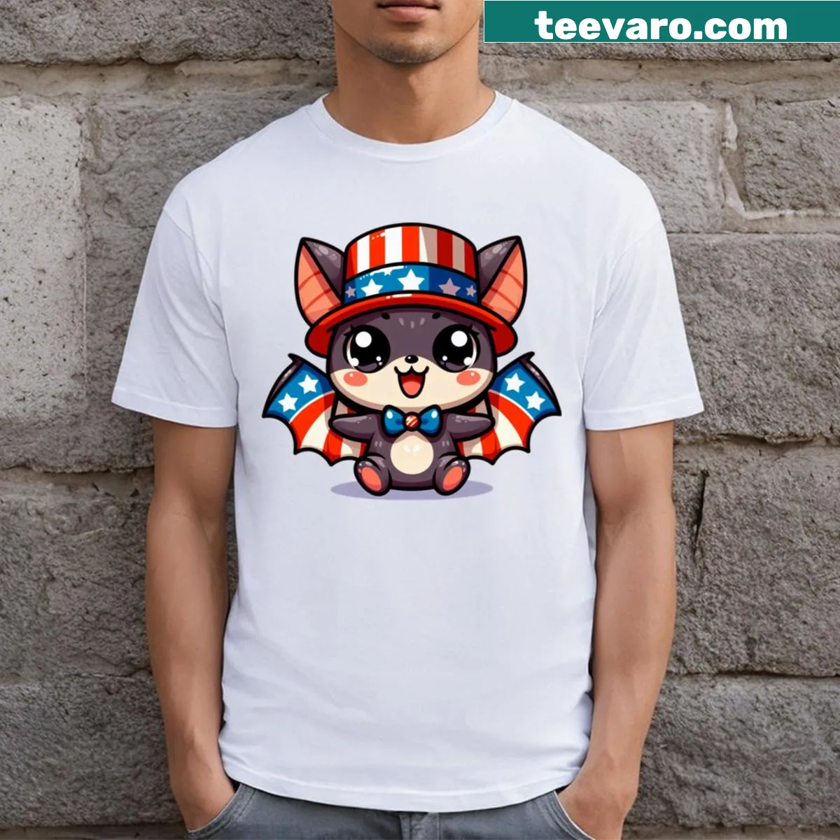 Cartoon bat dressed as Uncle Sam with American flag design — on a men's t-shirt
