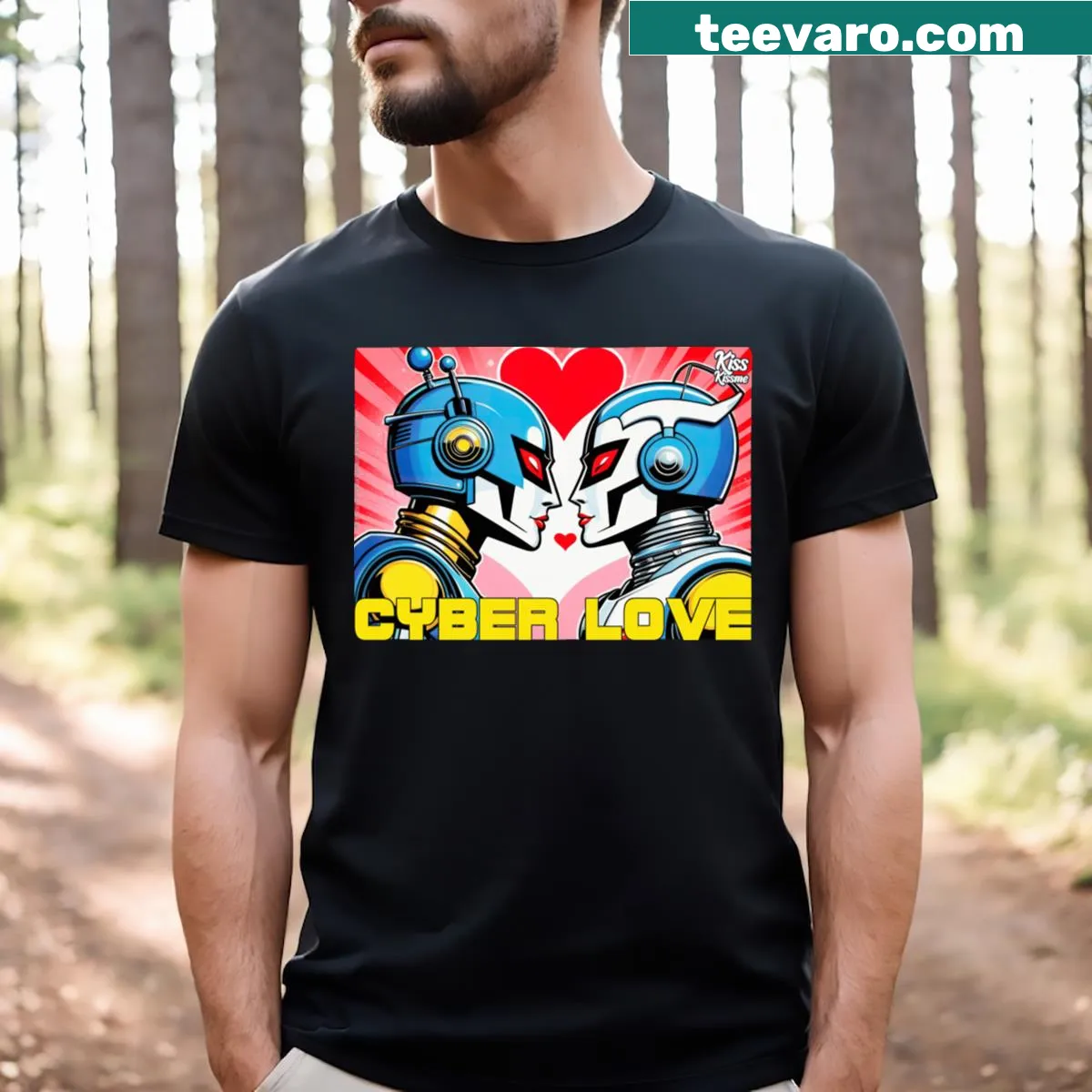 Playful cyber love graphic t-shirt — on a men's t-shirt