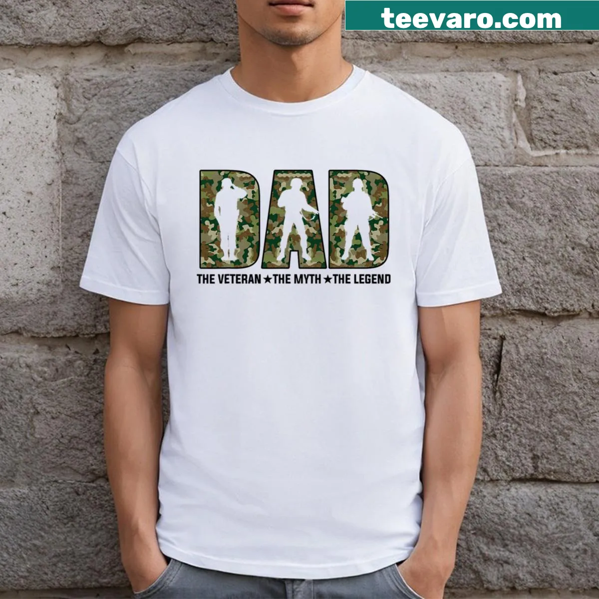 Cartoon-style t-shirt celebrating veteran dads — on a men's t-shirt