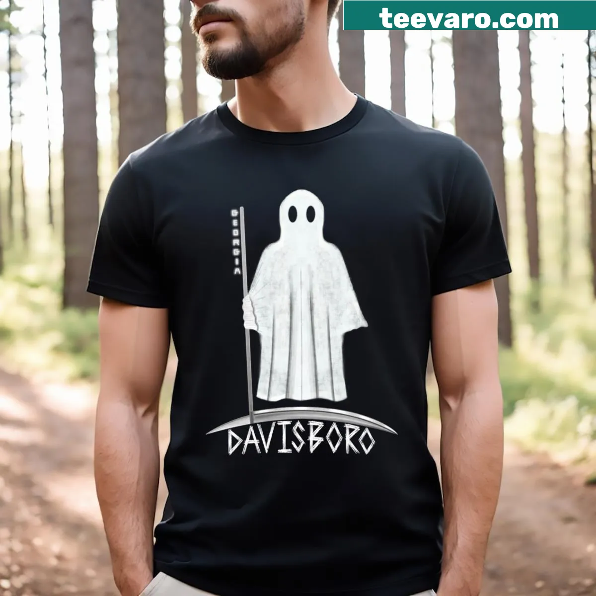 Davisboro Georgia T-shirt with town name graphic — on a men's t-shirt