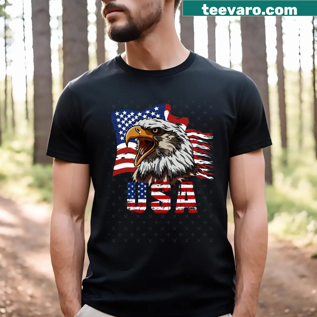 Bold eagle graphic with battle-worn American flag — on a men's t-shirt