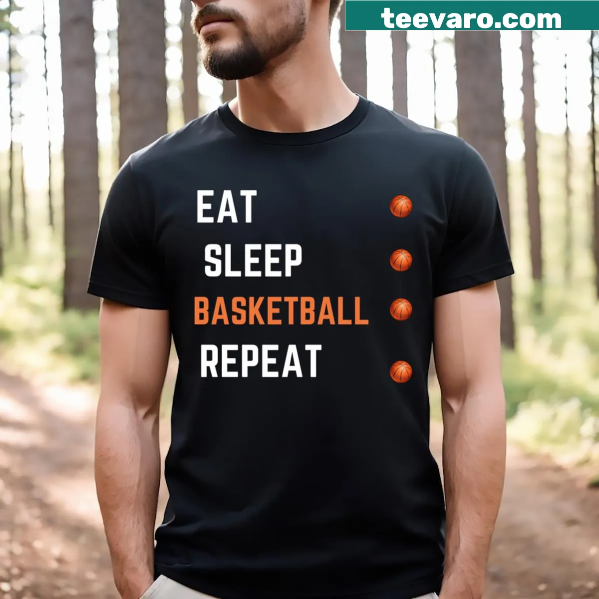 Simple Eat Sleep Basketball Repeat text design shirt — on a men's t-shirt