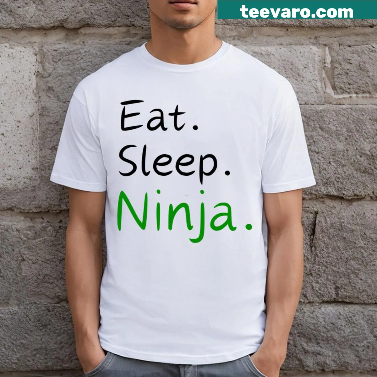 Bold Eat Sleep Ninja text design shirt in green — on a men's t-shirt