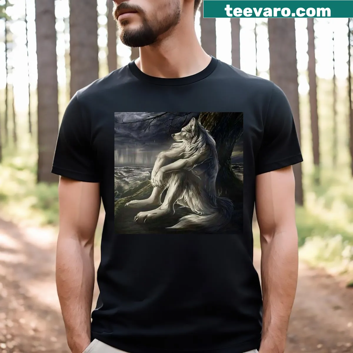 Illustration of an emo wolf sitting on a t-shirt — on a men's t-shirt