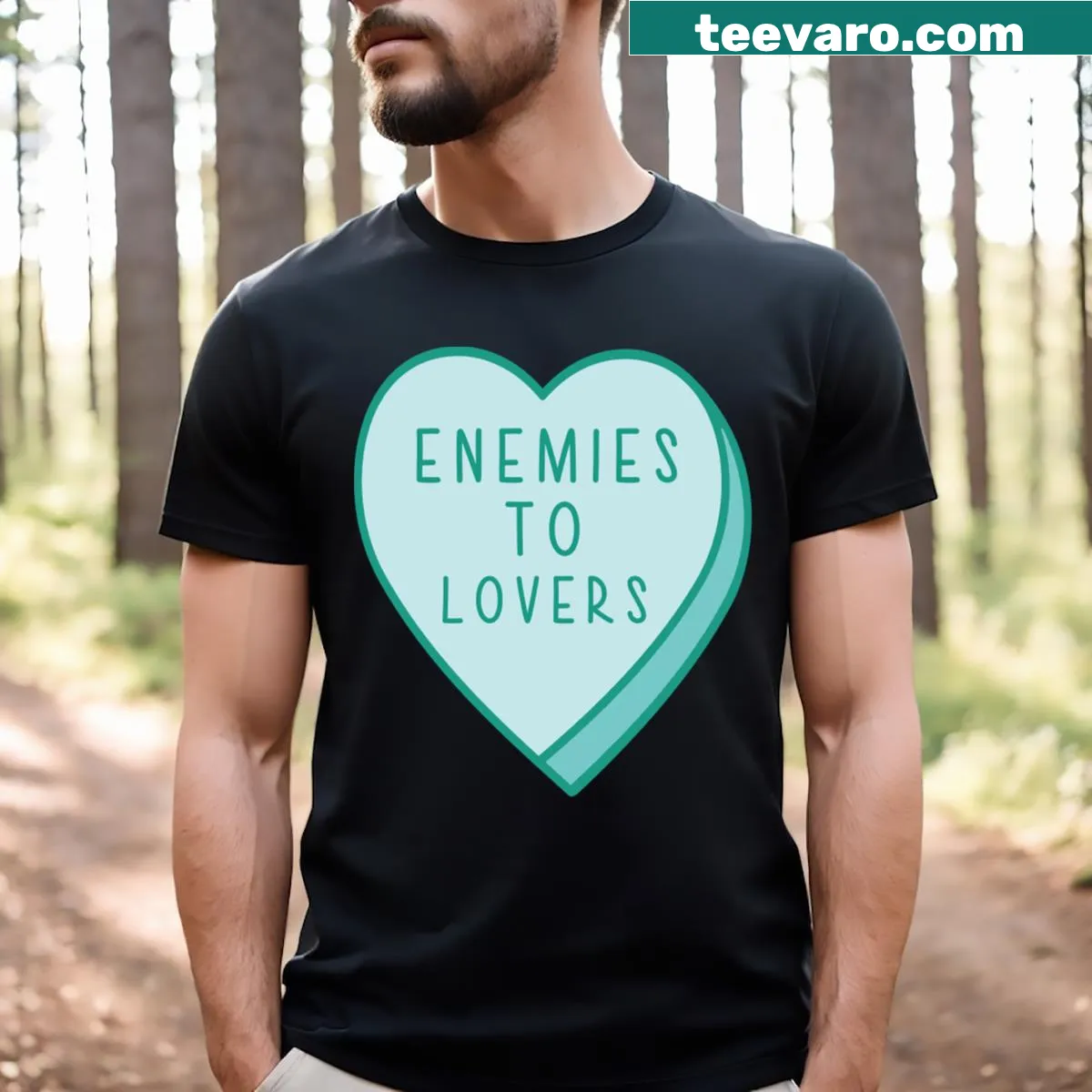 Candy heart design with 'Enemies To Lovers' text on a t-shirt — on a men's t-shirt