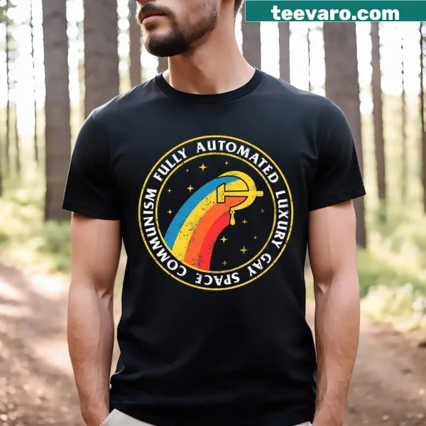 Playful sci-fi T-shirt with whimsical graphics about space and communism