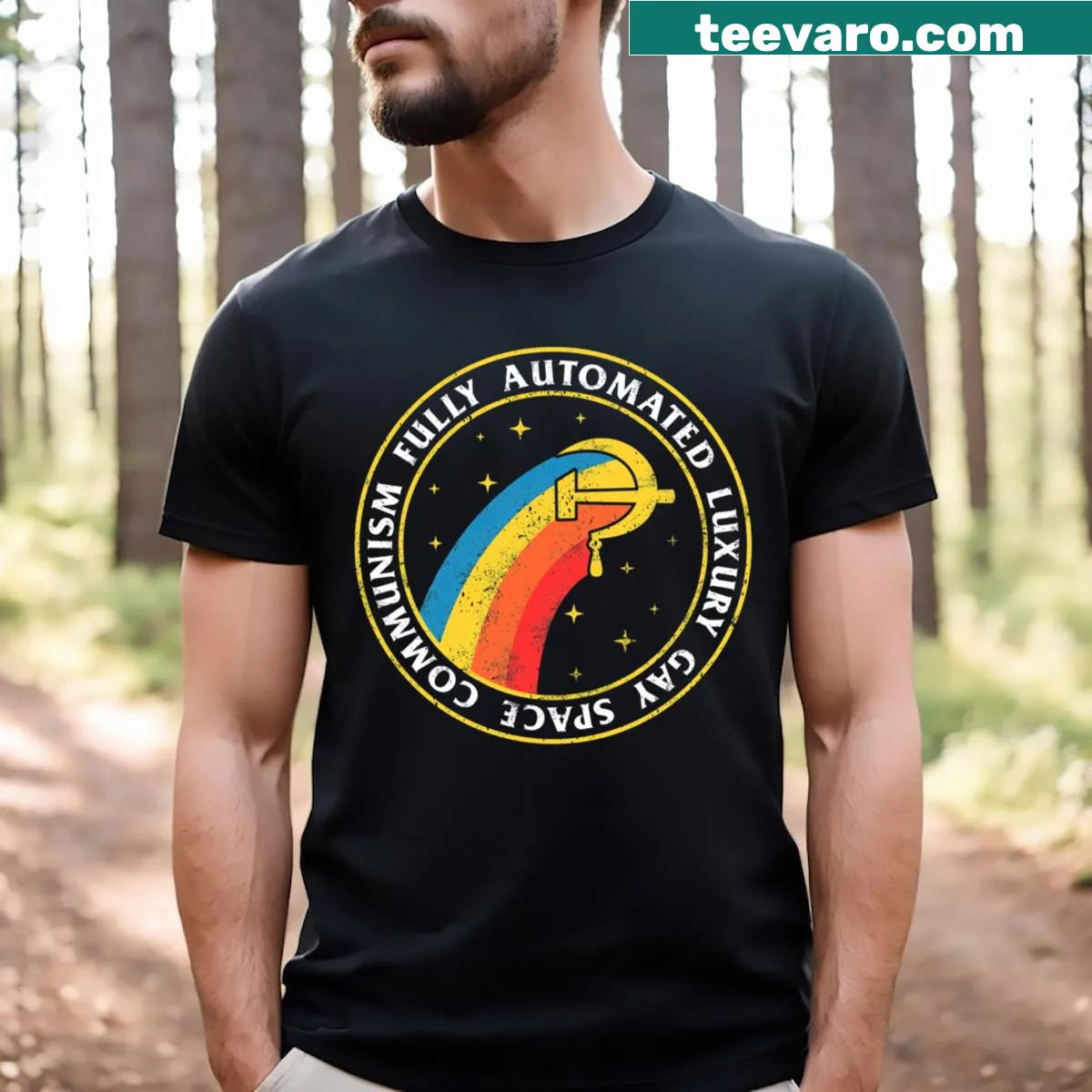 Playful sci-fi T-shirt with whimsical graphics about space and communism — on a men's t-shirt