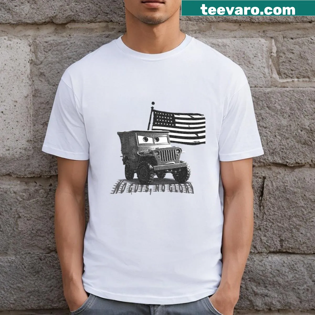 Funny Army car t-shirt with humorous design — on a men's t-shirt