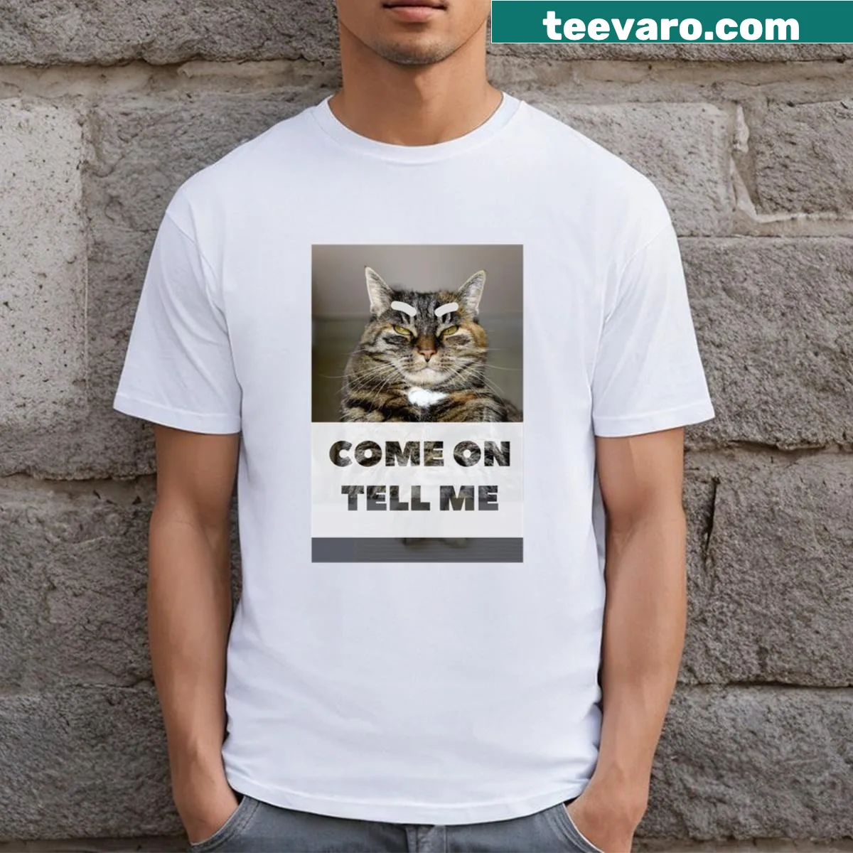 Vintage distressed t-shirt featuring Grumpy Cat with the phrase, 'Come on, tell me' — on a men's t-shirt