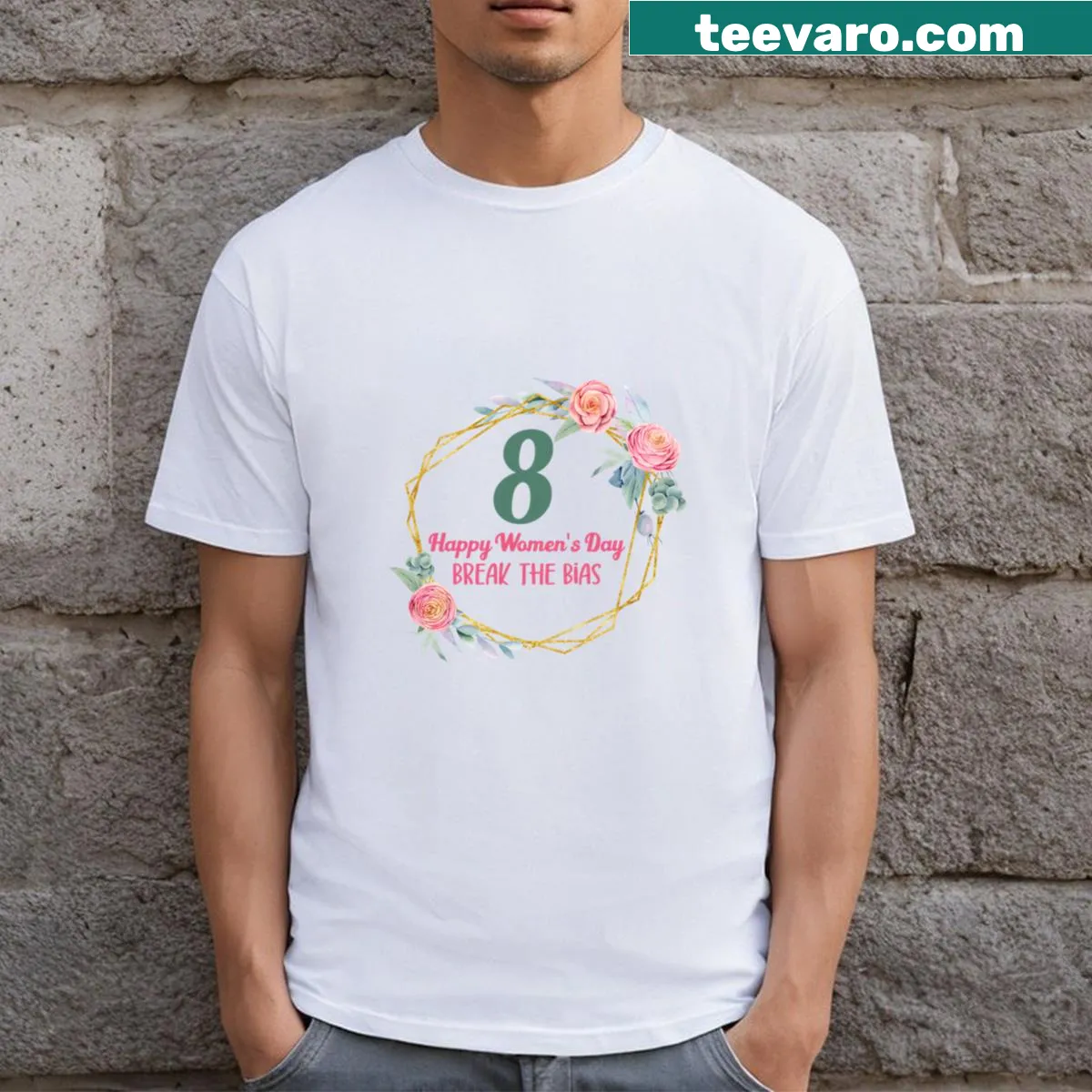 Illustrated t-shirt celebrating happiness and togetherness on March 8 — on a men's t-shirt