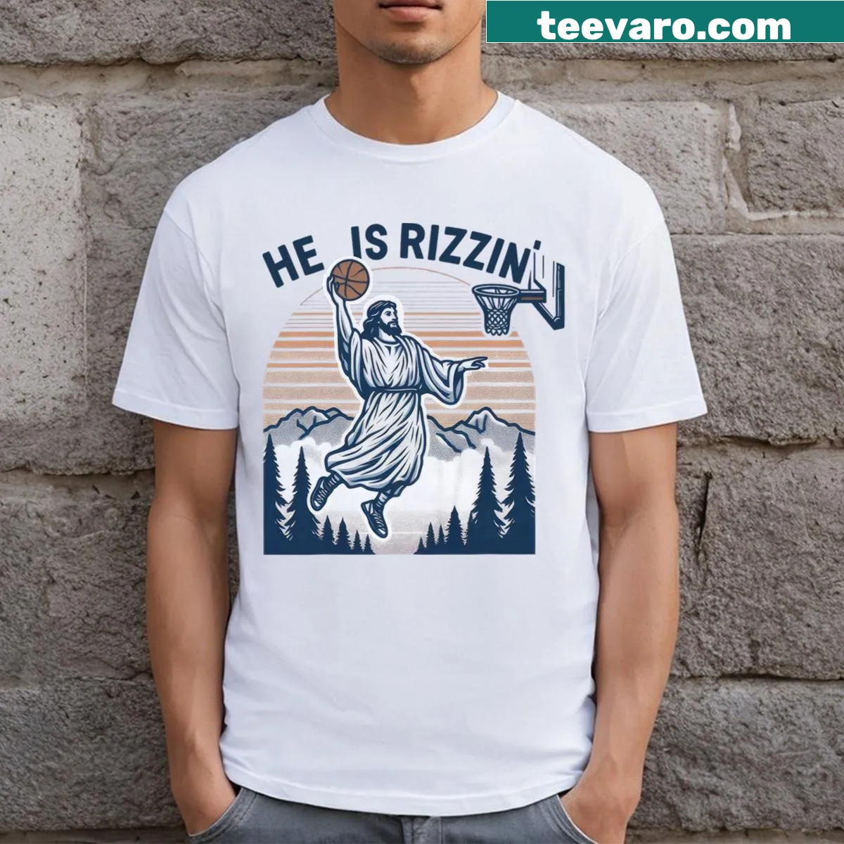 Vintage-inspired Easter t-shirt featuring basketball-themed Jesus graphic — on a men's t-shirt