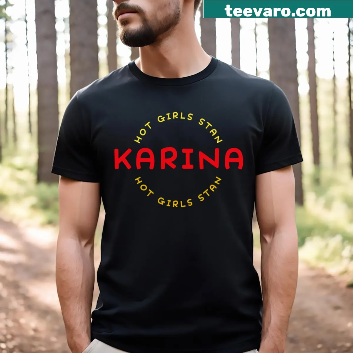 T-shirt supporting Karina from Aespa with bold fan text — on a men's t-shirt