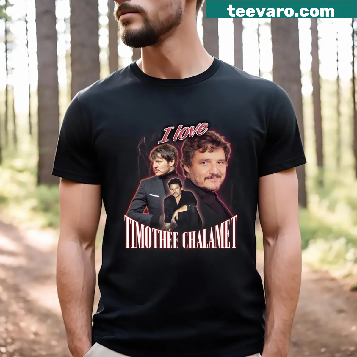 Collage t-shirt featuring Timothée Chalamet and Pedro Pascal illustrations — on a men's t-shirt