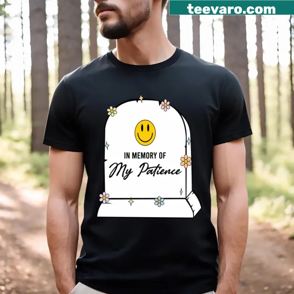 Humorous T-shirt for teachers with a sticker-themed graphic about patience