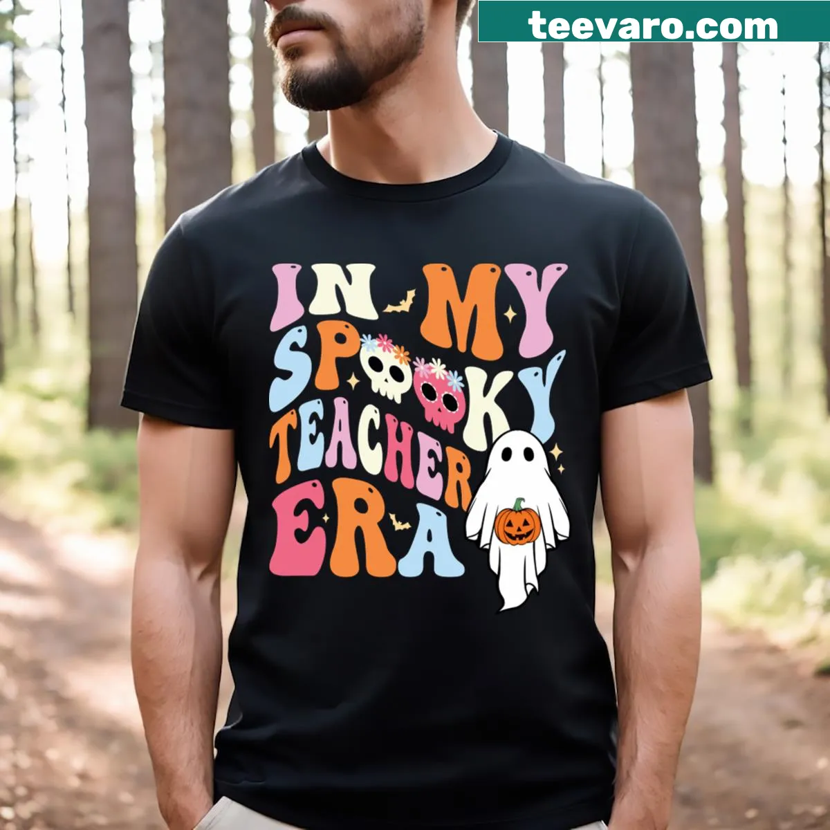 Vintage-style Halloween T-shirt for teachers with a spooky graphic — on a men's t-shirt