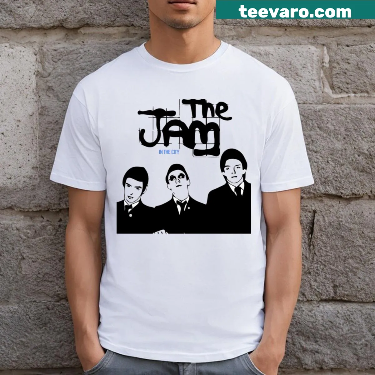 Minimalist line-art cityscape design t-shirt — on a men's t-shirt