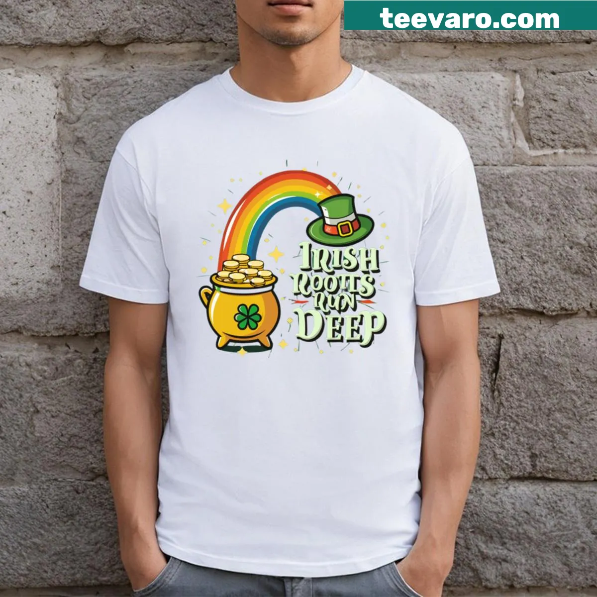 T-shirt featuring the phrase 'Irish Roots Run Deep' for Irish Americans — on a men's t-shirt