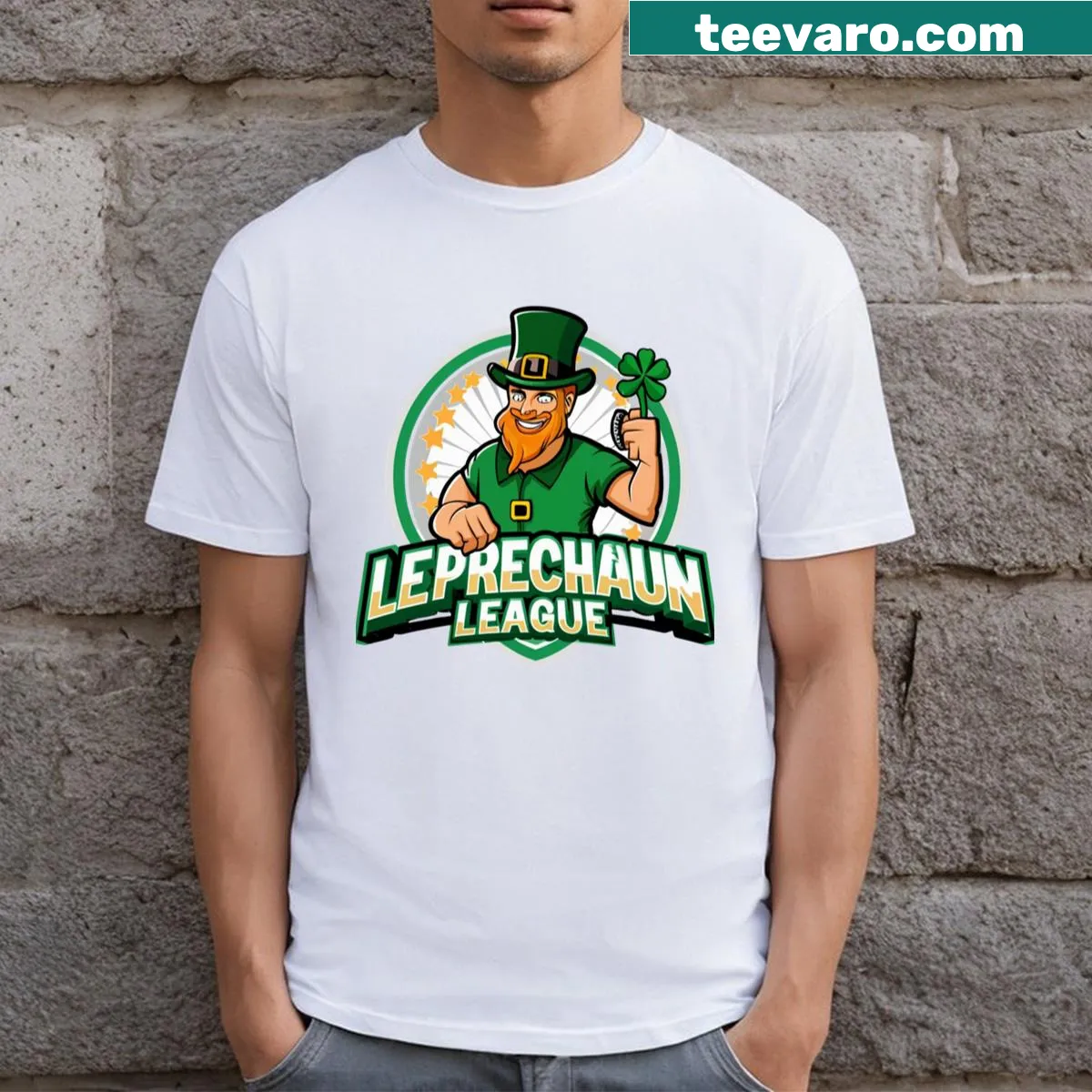 Saint Patrick's Day t-shirt with 'Leprechaun League' text — on a men's t-shirt