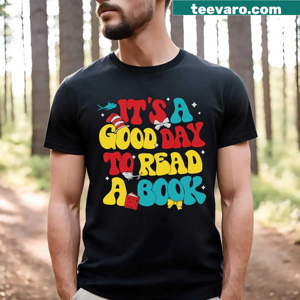 Whimsical cat design promoting reading day for kids and teachers on t-shirt — on a men's t-shirt