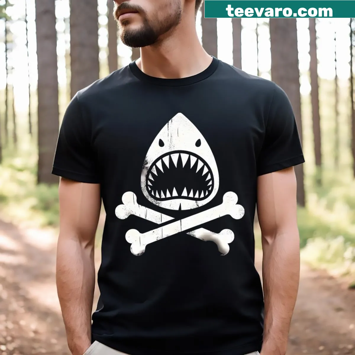 Illustration of a skull and crossbones with a shark on a T-shirt — on a men's t-shirt