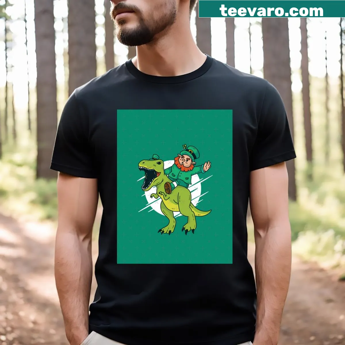 Cartoon leprechaun guitarist graphic on a T-shirt — on a men's t-shirt