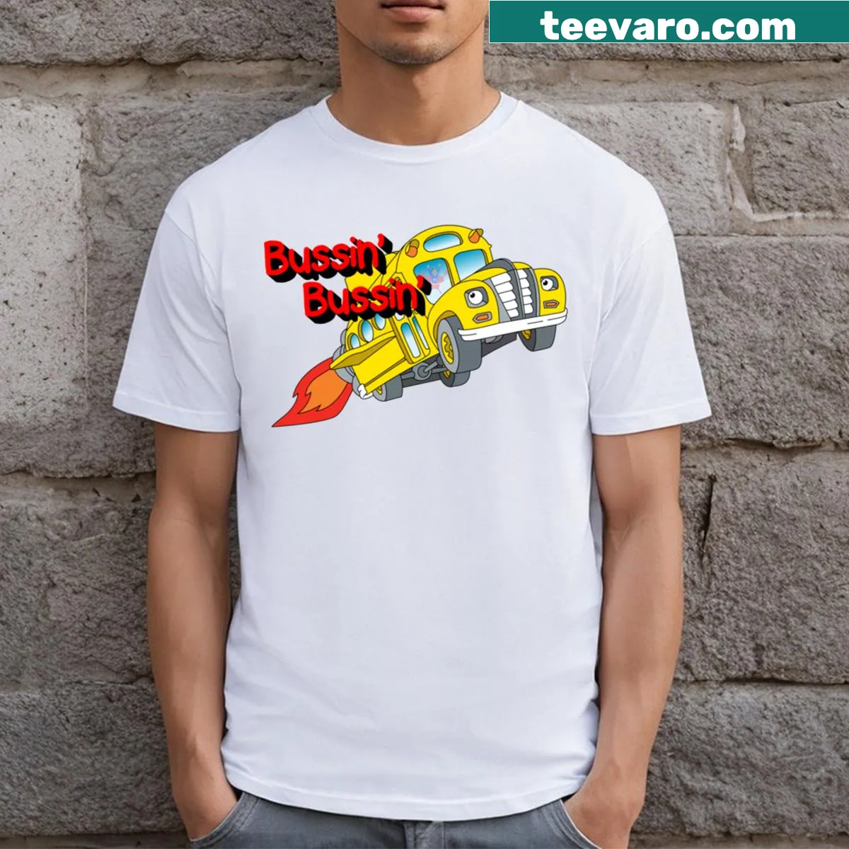 Whimsical cartoon shirt featuring 'Magic School Bussin' design — on a men's t-shirt