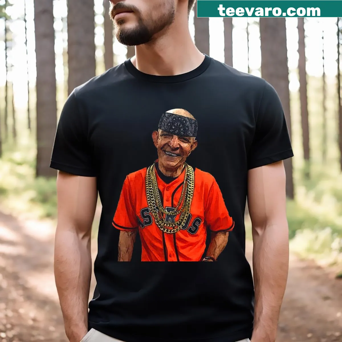Funny T-shirt featuring Mattress Mack reference — on a men's t-shirt