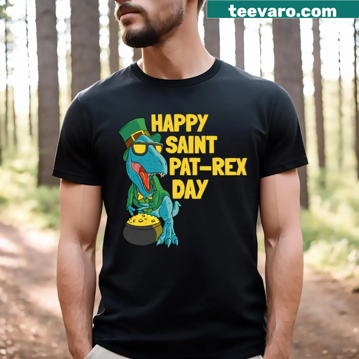 Cute dinosaur T-Rex t-shirt celebrating St. Patrick's Day — on a men's t-shirt