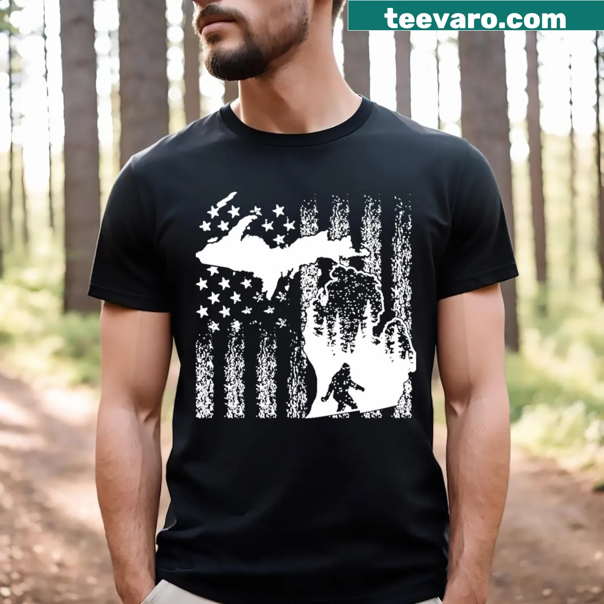 Bigfoot illustration with American flag for Michigan lovers — on a men's t-shirt