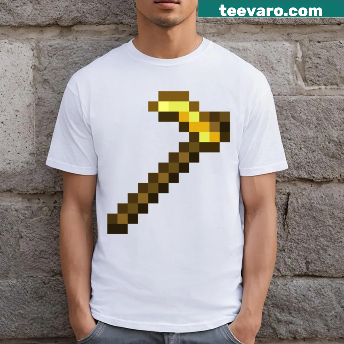 Illustration of Minecraft golden hoe item for gamers — on a men's t-shirt
