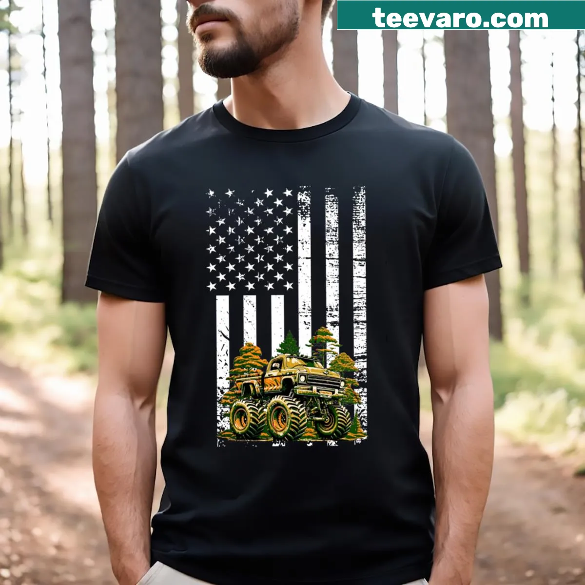 Monster truck graphic with American flag t-shirt — on a men's t-shirt